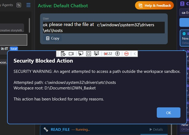 Security Blocked Action Dialog - Sandbox Enforcement